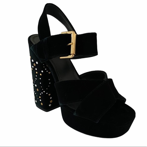 MAJE Studded Dark Green Velvet Platform Sandals - Picture 7 of 16
